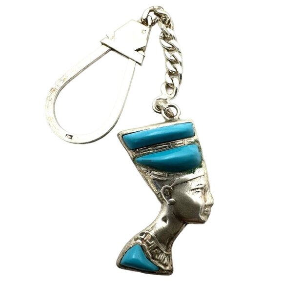 Vintage Key Chain Sterling Silver Egyptian Revival  Hallmarked Nefertiti - Picture 1 of 7